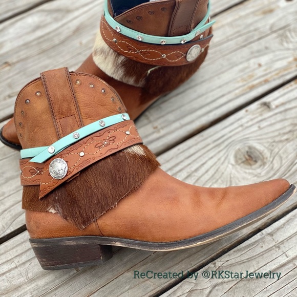 Sz 40 Saddle Tan Ankle Bootie Boots Fur Cowgirl - Picture 3 of 8